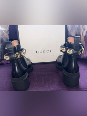 Gucci Black Leather Platform Ankle Boots with Gold Crystal Accents